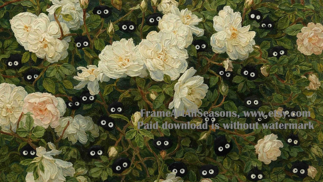 Totoro Roses Soot Sprites in Rose Bush,studio Ghibli Poster,anime Poster,spirited ...