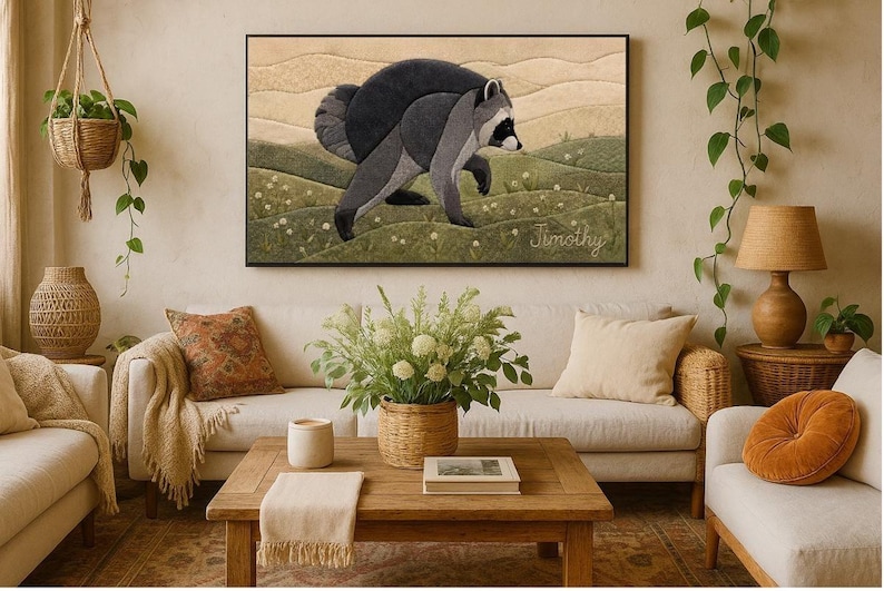 May include: A rectangular wall art piece featuring a stylised raccoon walking through a green, hilly landscape with white flowers. The background consists of layered beige hills under a soft sky. The name Timothy is written in cursive in the corner.