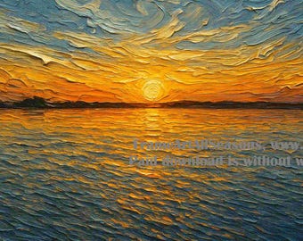 Cuadro decorativo texturizado de puesta de sol en el lago, decoración para casas de lago, decoración que estimula la expresión de dopamina, arte mural colorido, estilo rústico, arte para TV con marco de verano (descarga digital imprimible)