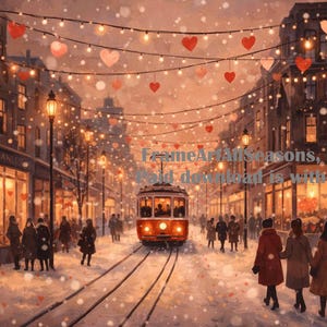 May include: A winter street scene with a vintage trolley car, streetlights, and heart-shaped decorations. Buildings line the snowy street, with people walking. The image has a warm, inviting color palette, evoking a sense of romance and nostalgia.