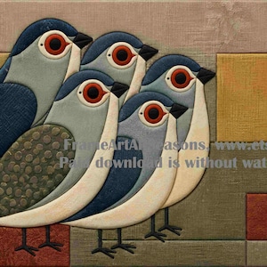 May include: A wall art print featuring five stylized birds with blue, grey, and cream plumage, each with a prominent orange eye. The birds are arranged against a background of rectangular blocks in shades of tan, yellow, olive, and rust red.