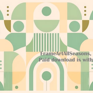 May include: A digital graphic print featuring a symmetrical geometric pattern in shades of sage green, soft yellow, and cream. The design includes circles, semicircles, arches, and vertical lines. Text reads: FrameArtAllSeasons, www.etsy.com.