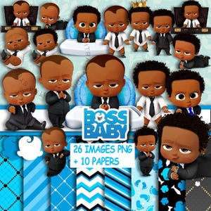 May include: A digital art collection featuring multiple illustrations of a baby dressed in a suit and tie, in various poses. The image includes the text "BOSS BABY" and "26 IMAGES PNG + 10 PAPERS" with a blue and white patterned background.