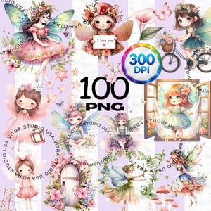 Puede incluir: Una colección de 100 imágenes PNG con ilustraciones de acuarela de hadas. Las hadas están representadas con coronas de flores, alas y vestidos en colores pastel. Algunas hadas sostienen objetos como linternas y letreros con "I love you". Las imágenes están sobre un fondo a rayas lavanda.