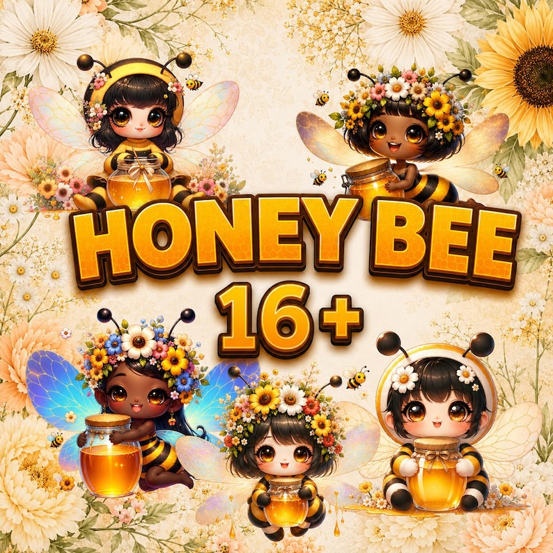 Honey Bee Girl Clipart 16+ PNG, Cute Bumble Bee Sunflower Floral Nursery Baby Shower Sublimation Instant Download A019 image 1