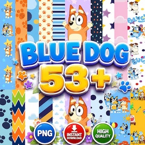 Pode incluir: Uma coleção digital de 53+ padrões e gráficos de personagens com tema de cão azul, apresentando vários designs coloridos, pegadas, estrelas e nuvens. A imagem exibe o texto BLUE DOG 53+ em azul e amarelo, com botões PNG, INSTANT DOWNLOAD e HIGH QUALITY.