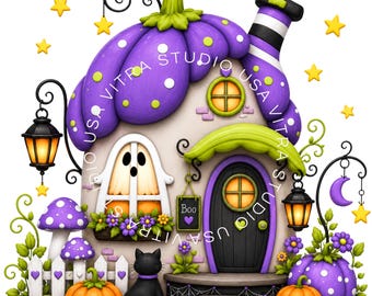 Könnte beinhalten: Ein Haus in Form eines violetten Kürbisses mit weißen Punkten, mit einer schwarzen Katze, orangefarbenen Kürbissen, einem Geist im Fenster, einem Schild mit der Aufschrift Boo, zwei hängenden Laternen und gelben Sternen auf weißem Grund.