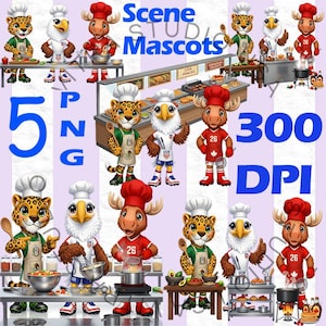 May include: A digital illustration featuring cartoon mascots of a jaguar, eagle, and moose dressed as chefs. The mascots are cooking and preparing food. The image includes the text "Scene Studio Mascots", "5 PNG", and "300 DPI".
