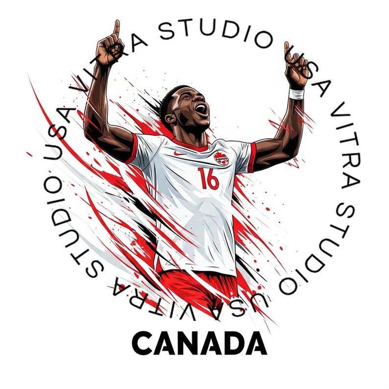 Peut inclure: Illustration d'un joueur de soccer en uniforme blanc et rouge, les bras lev&eacute;s en signe de c&eacute;l&eacute;bration. Le num&eacute;ro 16 est visible sur le maillot. Le mot "CANADA" est en bas, avec "USA VITRA STUDIO" en cercle autour du joueur.