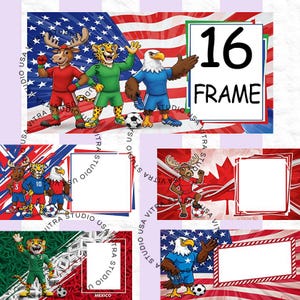 May include: A digital design featuring cartoon animals in soccer uniforms, including a moose, cheetah, and eagle, with an American flag background. The design includes the text "16 FRAME" and several blank frames.