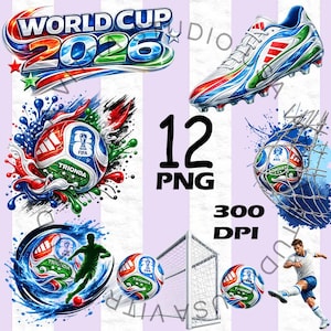 May include: A collection of soccer-themed digital graphics. Includes a soccer cleat, soccer balls, a soccer goal, and a soccer player kicking a ball. The text "WORLD CUP 2026", "12 PNG", and "300 DPI" are also present.