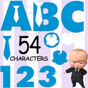 Puede incluir: Gráfico digital con las letras A, B, C, los números 1, 2, 3 y el número 54 en azul. También está presente la palabra "CHARACTERS". Un bebé de dibujos animados con traje señala los números.