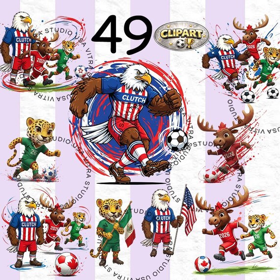 2026 World Soccer Cup Mascots Clipart, Eagle, Moose, Jaguar (PNG, DTF, Sublimation Design)