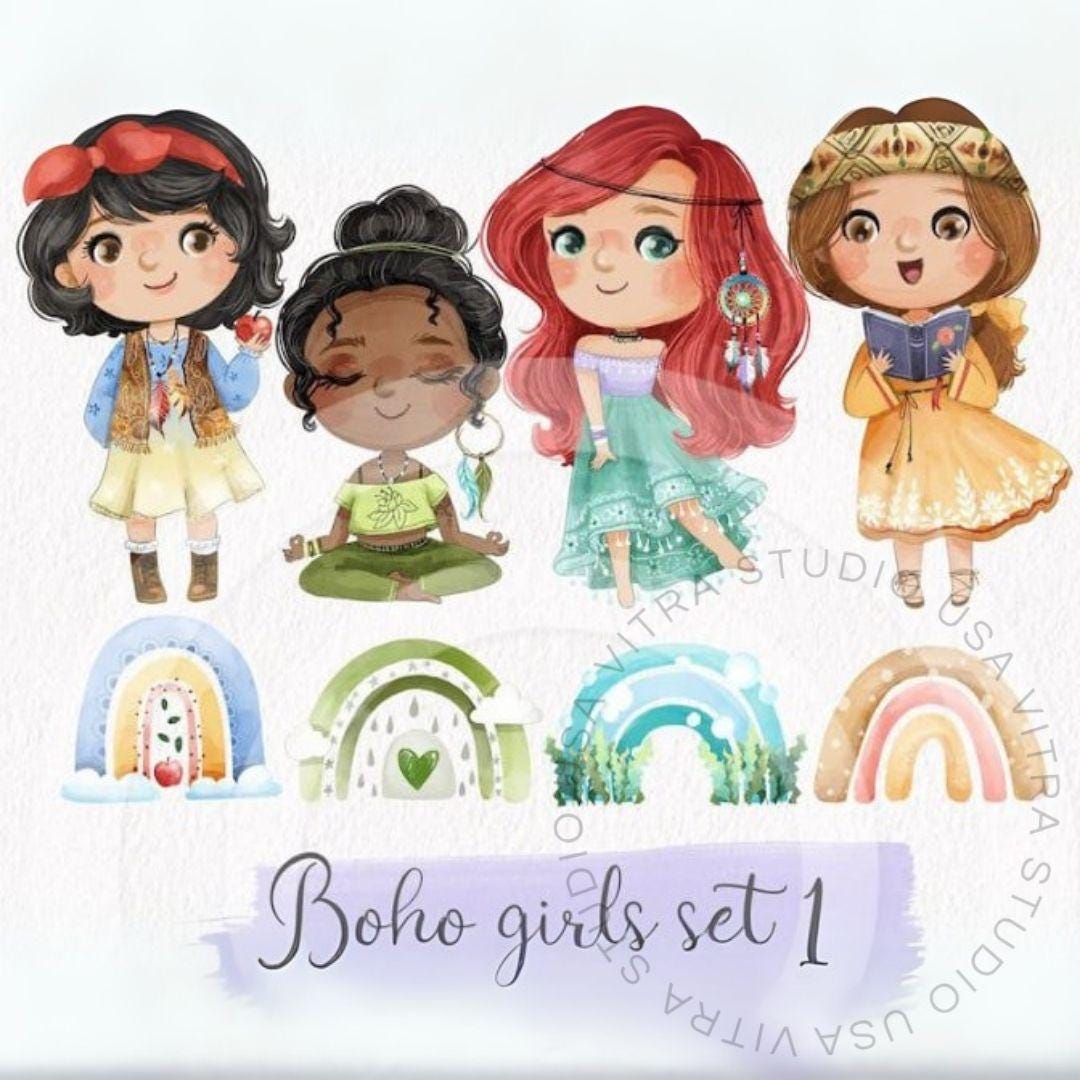16 Boho Girls Clipart 2 Sets Bundle - Characters + Elements PNG ...