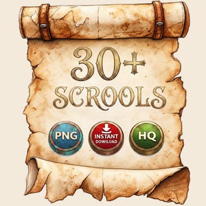 May include: A weathered, tan parchment scroll with rolled edges and brown leather straps. The text reads 30+ SCROOLS. Below, three circular buttons feature the text PNG, INSTANT DOWLOAD, and HQ in blue, red, and green colors respectively.