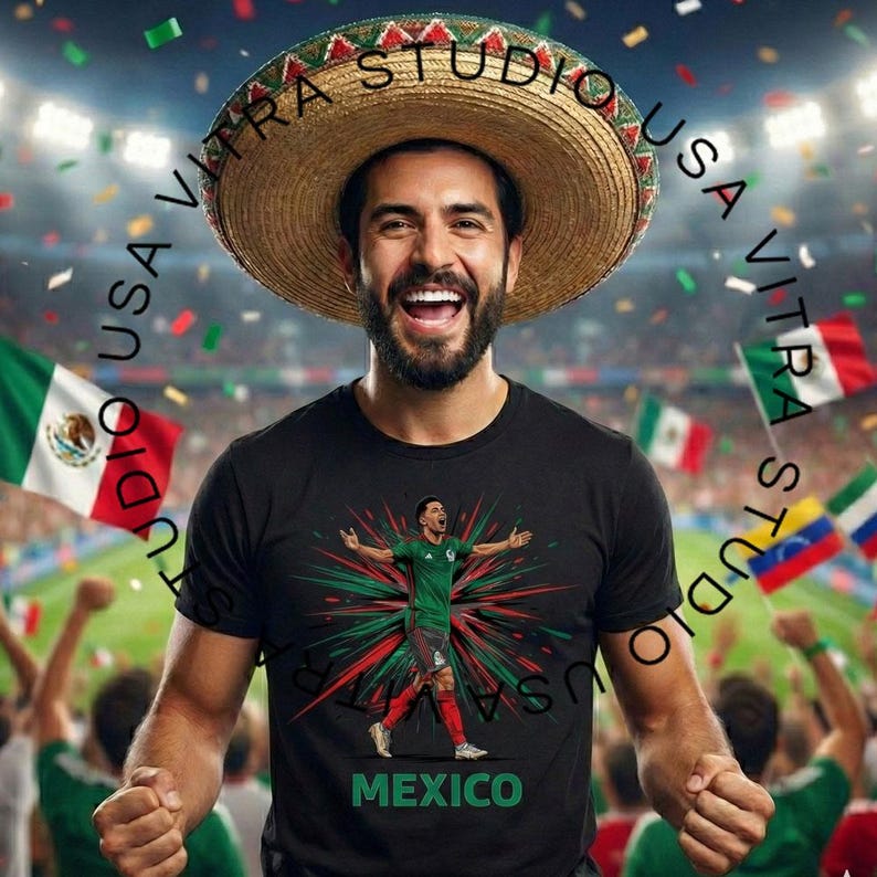 Peut inclure: Un homme portant un sombrero et un t-shirt noir avec un joueur de football en uniforme vert avec des accents rouges et verts. Le mot "MEXICO" est imprim&eacute; en vert. Des drapeaux mexicains sont en arri&egrave;re-plan.