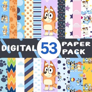 May include: A digital paper pack featuring various patterns and illustrations. The pack includes designs with paw prints, stripes, clouds, and cartoon characters. The text "DIGITAL 53 PAPER PACK" is prominently displayed.