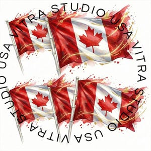 Peut inclure: Illustration &agrave; l'aquarelle de drapeaux canadiens flottant au vent. Les drapeaux sont rouges et blancs avec une feuille d'&eacute;rable rouge au centre. Les drapeaux sont sur des m&acirc;ts argent&eacute;s, avec le texte "USA VITRA STUDIO" en cercle.