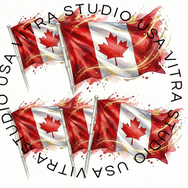 Peut inclure: Illustration &agrave; l'aquarelle de drapeaux canadiens flottant au vent. Les drapeaux sont rouges et blancs avec une feuille d'&eacute;rable rouge au centre. Les drapeaux sont sur des m&acirc;ts argent&eacute;s, avec le texte "USA VITRA STUDIO" en cercle.