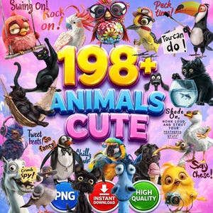 Images clipart d'animaux mignons au format PNG, graphismes d'animaux de compagnie amusants, design original d'animaux pour sublimation, clipart de personnages de dessins animés, méga pack à télécharger A029