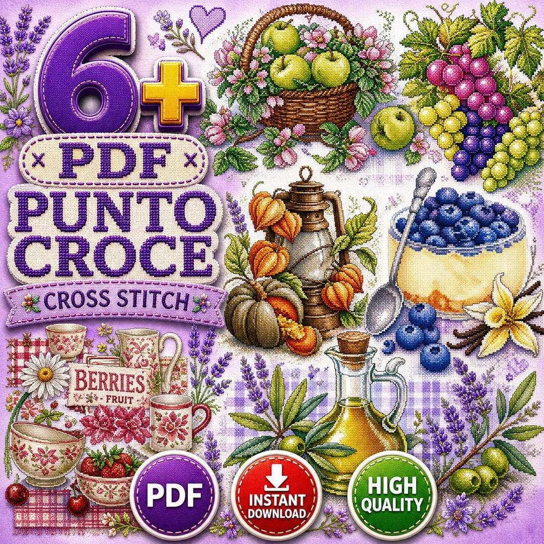 Fruit and Harvest Cross Stitch Pattern Bundle, 6 Kitchen Embroidery ...