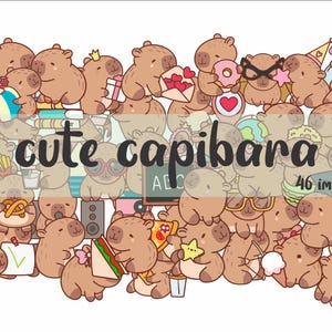 May include: A collection of cartoon capybaras in various poses, some holding objects like a beach ball, gifts, and food. The text "cute capibara" is overlaid on the image, along with "46 images png". The capybaras are light brown.