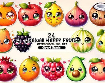 Paquete de imágenes prediseñadas de frutas kawaii: Frutas felices en acuarela PNG (Descarga digital)