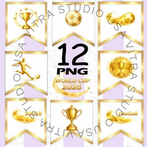 Gold World Cup 2026 Pennant PNG Bundle, Soccer Tournament Graphics