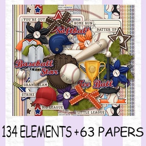 Baseball Softball Scrapbook Kit, Clipart PNG, Digital Papers (134 Elements + 63 Papers) V340