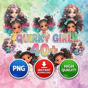 Imágenes prediseñadas PNG de una linda y peculiar niña, imágenes prediseñadas de una niña con cabello arcoíris en acuarela, gráficos chibi caprichosos, descarga de diseño para sublimación A027