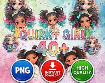 Cute Quirky Girl Clipart PNG, Watercolor Rainbow Hair Girl Clip Art, Whimsical Chibi Graphics, Sublimation Design Download A027