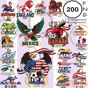 May include: A collection of soccer-themed graphics featuring various national flags and mascots, including a lion for England, an eagle for Mexico, and a moose for Canada. Each graphic includes the year 2026.