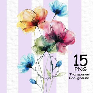 Könnte beinhalten: Aquarell-Blumendesign mit bunten Blumen in Gelb-, Orange-, Rosa-, Blau- und Grüntönen. Das Bild enthält den Text "15 PNG Transparent Background" und den Studio-Namen "Vitra Studio USA".