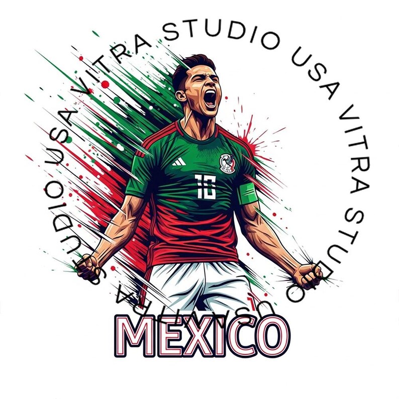 Peut inclure: Illustration d'un joueur de football en uniforme vert, rouge et blanc, c&eacute;l&eacute;brant les bras lev&eacute;s. Le mot "MEXICO" est en dessous du joueur. L'image a un design dynamique avec des &eacute;clats verts et rouges et le texte "Vitra Studio USA".