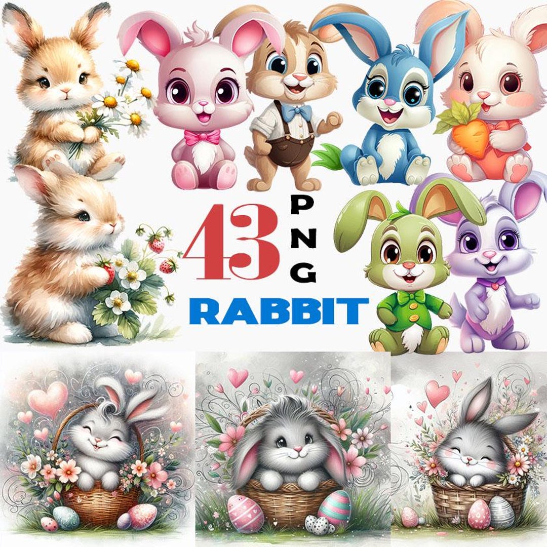 Bunny Clipart Bundle | Watercolor Easter Rabbits, Flowers (V003) - Etsy