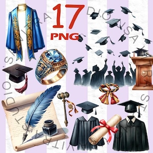 Może przedstawiać: Ilustracja z elementami związanymi z ukończeniem studiów. Zawiera niebiesko-złotą togę akademicką, pierścień klasowy z niebieskim kamieniem, czapki absolwentów, mównicę, zwój i pióro. Widoczna jest również liczba "17" i litery "PNG".