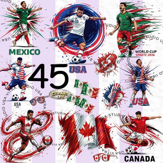 2026 World Cup Clipart Bundle, USA Mexico Canada, Watercolor Style Digital Download V071