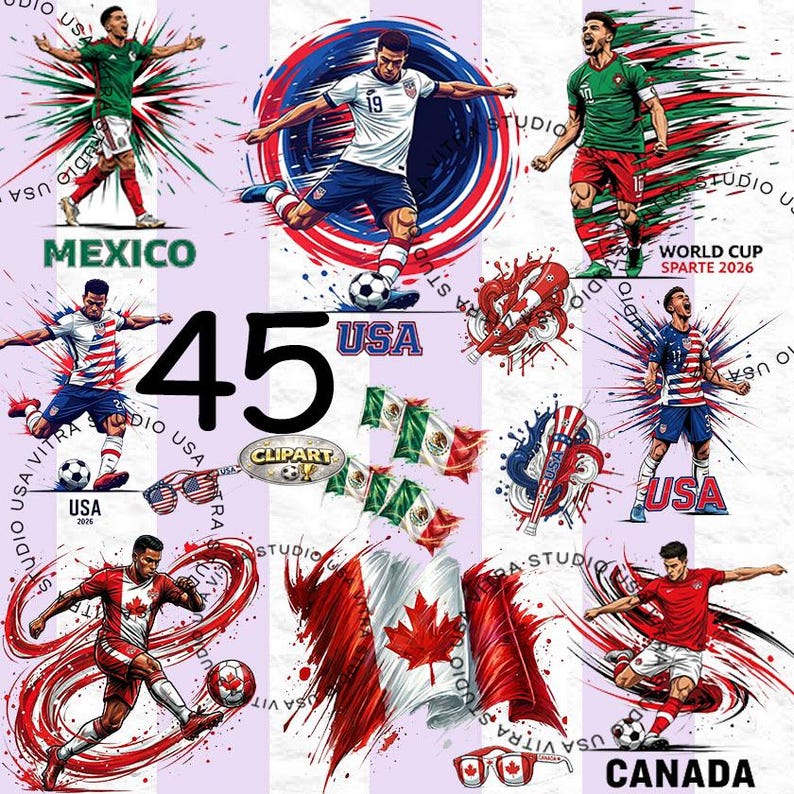 Peut inclure: Illustration num&eacute;rique avec des joueurs de football repr&eacute;sentant le Mexique, les &Eacute;tats-Unis et le Canada. Le design comprend des drapeaux, le chiffre 45 et le texte "World Cup Sparte 2026". La palette de couleurs comprend le rouge, le blanc, le vert et le bleu.