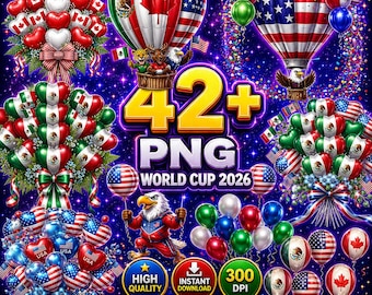 Clipart de globos de la Copa Mundial 2026, EE. UU., México, Canadá, fiesta de fútbol PNG, descarga digital V077
