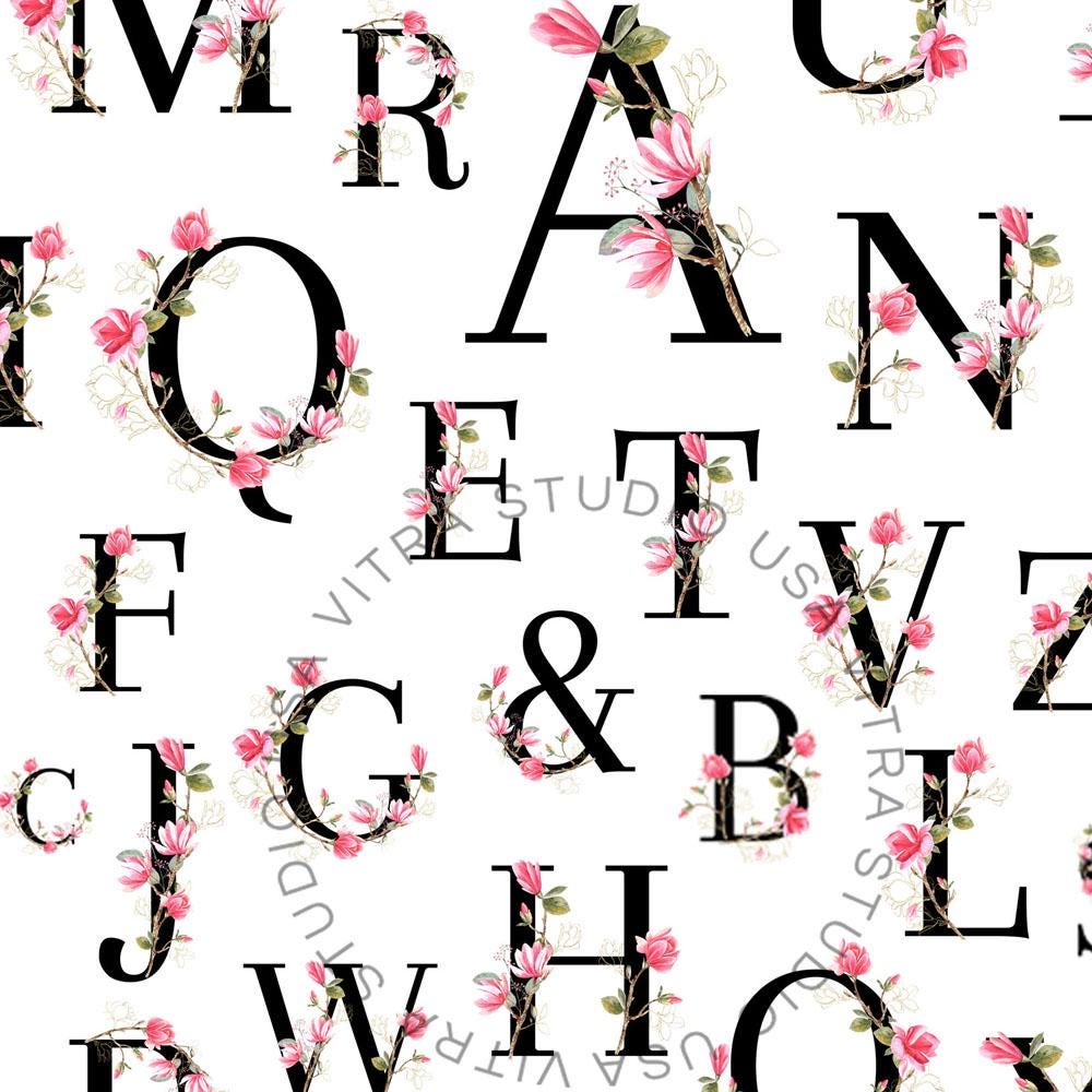 468 Floral Alphabet PNG Bundle, Gold Glitter Wedding Monogram, Tropical ...