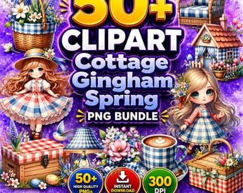 Cottage Gingham Spring Clipart Bundle | Picnic, Girls Digital Scrapbook V005