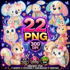 Könnte beinhalten: Eine digitale Sammlung von 22 PNG-Dateien mit Patchwork-Tierillustrationen, darunter Koala, Hase, Hund, Eule, Giraffe, Eichhörnchen und Igel. Der Text 22 PNG 300 DPI ist vor einem dunklen, sternenklaren, violetten Hintergrund zentriert.