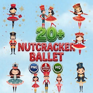 May include: A digital collection of Nutcracker Ballet themed illustrations featuring various characters in red, blue, and gold outfits, including dancers and soldiers, with the text 20+ NUTCRACKER BALLET, PNG, INSTANT DOWNLOAD, and HQ on a light blue background.