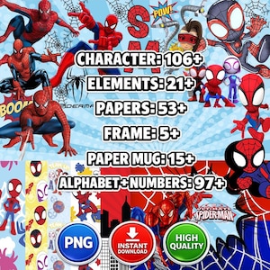 Peut inclure: Une collection numérique d'éléments graphiques sur le thème de Spider-Man avec des illustrations de personnages, des motifs de toile et du texte. L'image affiche les étiquettes CHARACTER: 106+, ELEMENTS: 21+, PAPERS: 53+, FRAME: 5+, PAPER MUG: 15+ et ALPHABET+NUMBERS: 97+.