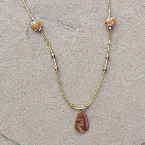 N-73  Dryhead Agate Liquid Gold Beaded Necklace Pendant