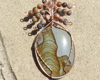 C-47  Owyhee Picture Jasper Copper Sterling Silver Wire Wrapped Pendant Necklace