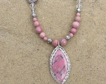 S-247  Rhodonite Silver Pendant Beaded Necklace