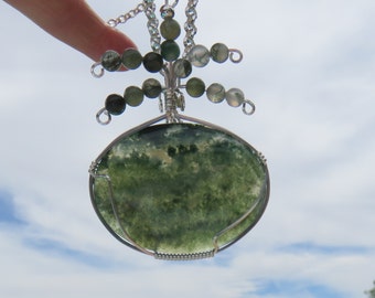 Moss Agate Silver Wirewrapped Pendant Necklace