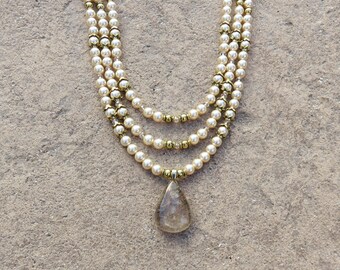 N-75  Golden Swarovski Pearl, Rutilated Quartz, Multi Strand Necklace