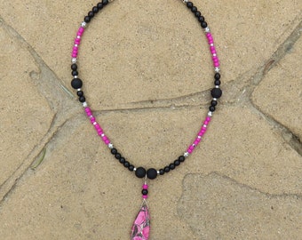 N-107  Hot Pink Black Beaded Necklace, Gemstone Pendant